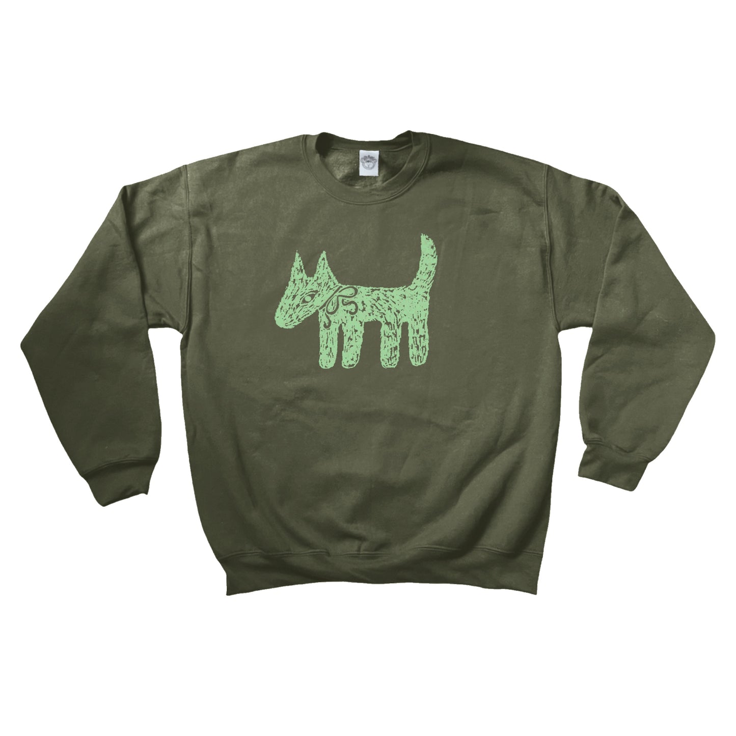 Scruffy dog light green on khaki sweatshirt