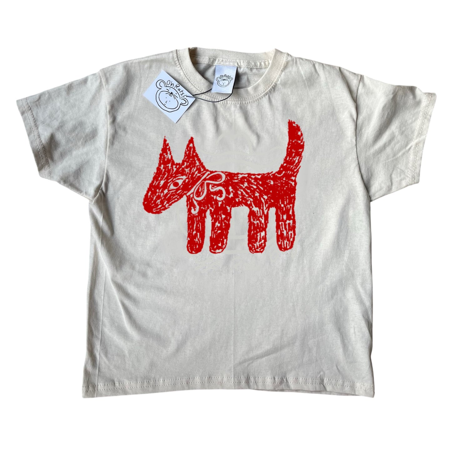 Scruffy bow dog red on beige tee