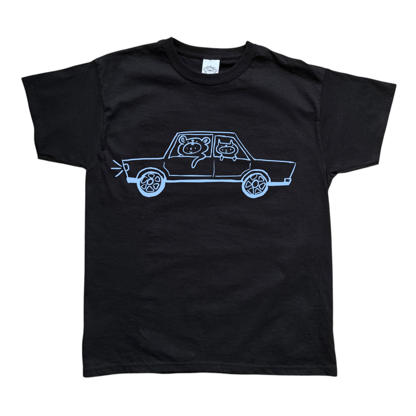 Light blue on black critter road trip tee