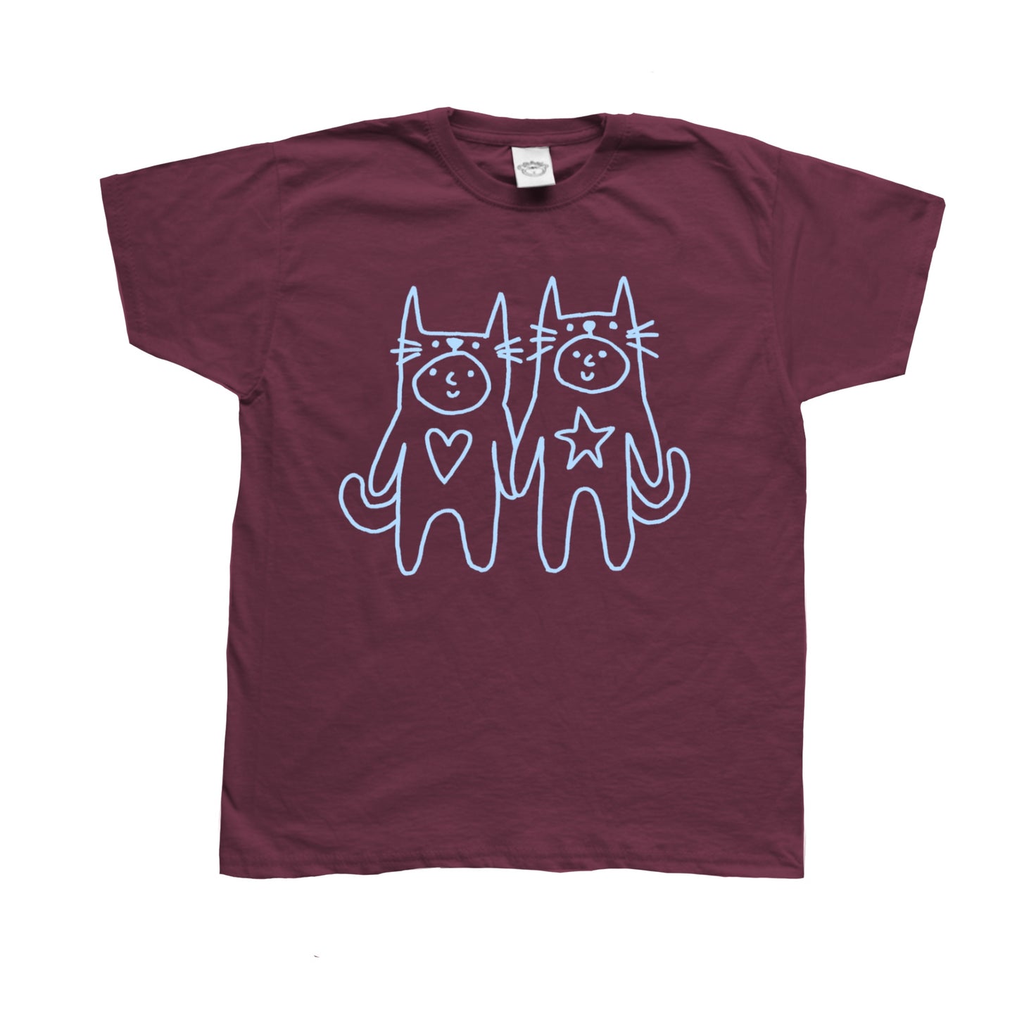 Two critters in love light blue on burgundy Tee