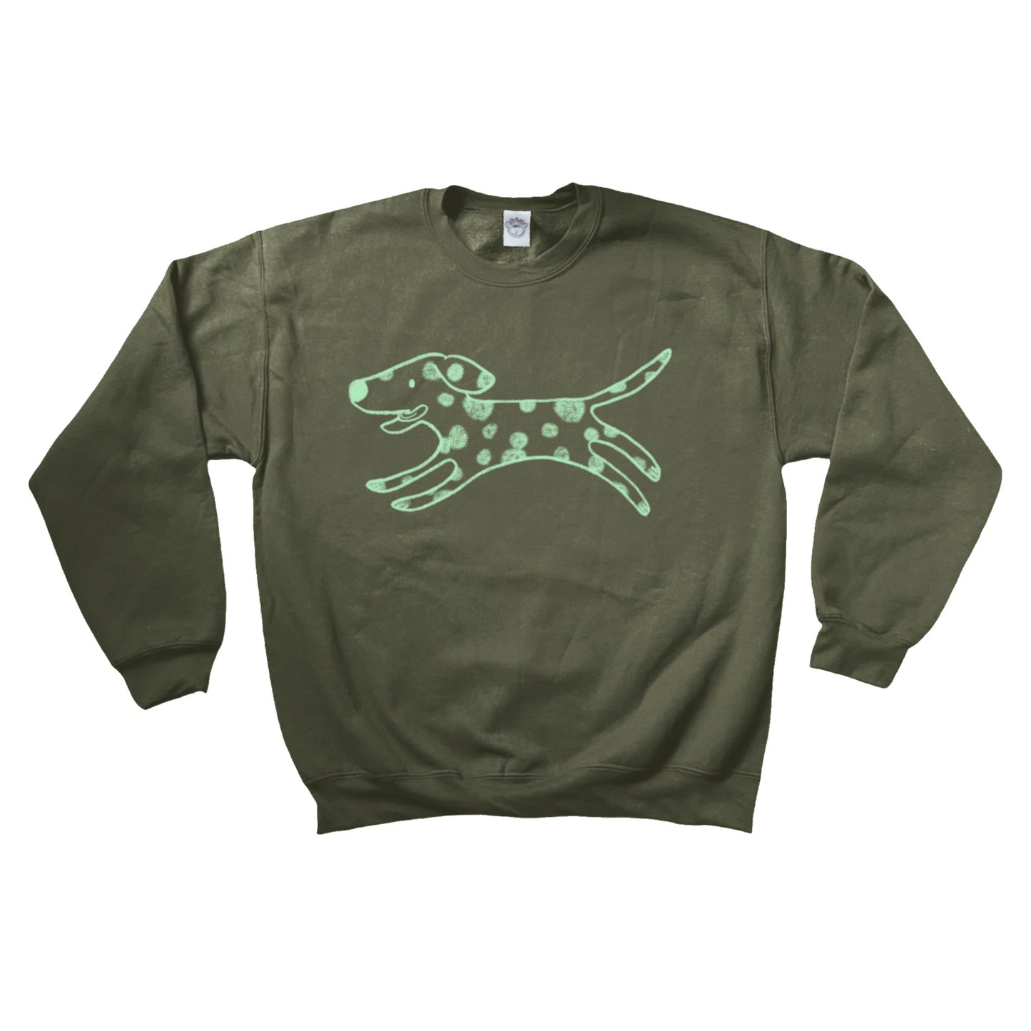 Polka dot dalmatian dog light green on khaki sweatshirt