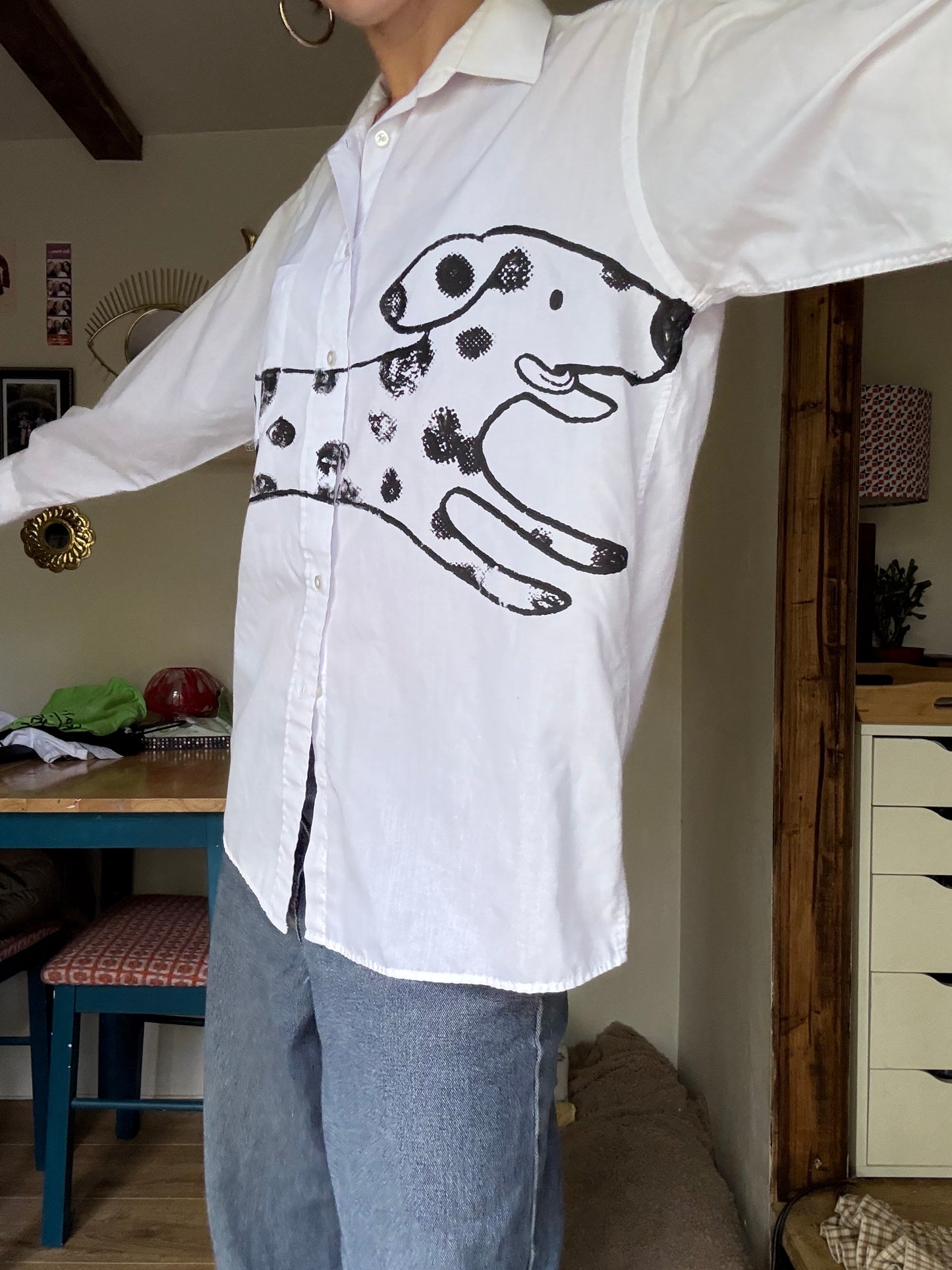 Upcycled Black on white mega Dalmatian button up shirt