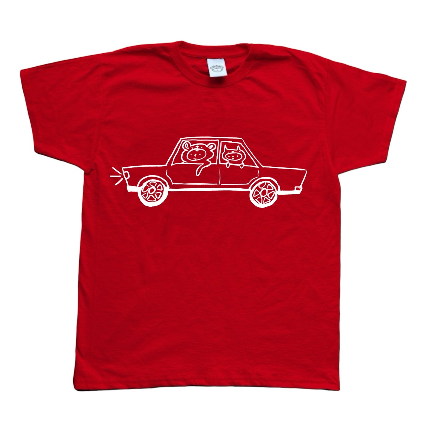 White on red critter road trip tee