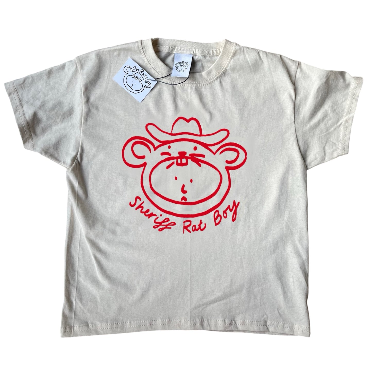 ‘Sheriff Rat Boy' Red on Beige Baby Tee