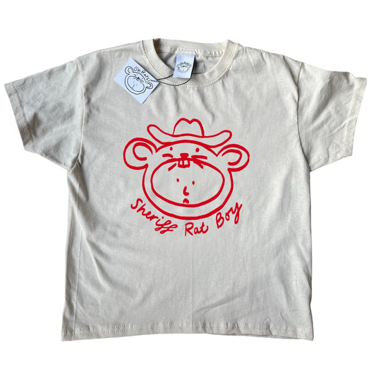 ‘Sheriff Rat Boy' Red on Beige Baby Tee