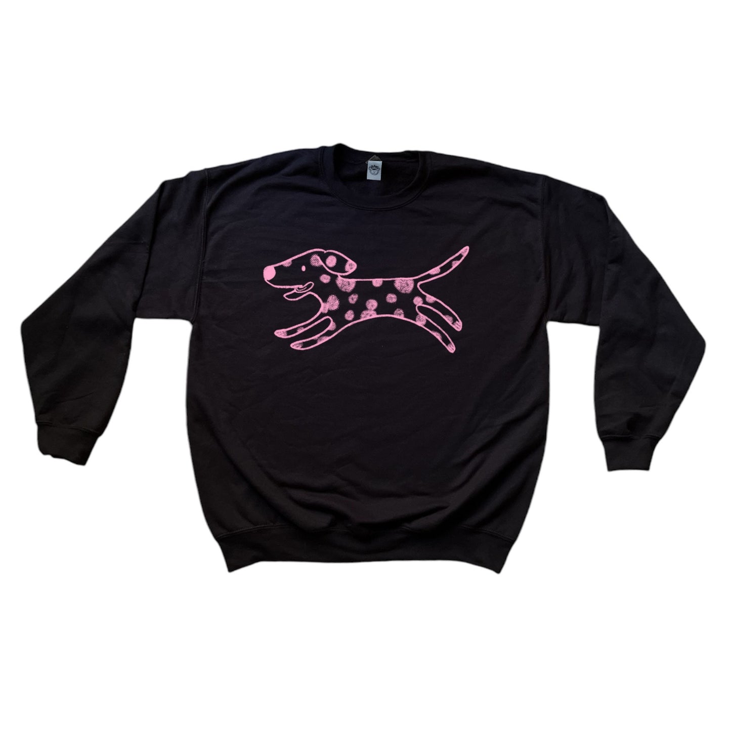 Polka dot dalmatian dog pink on black sweatshirt