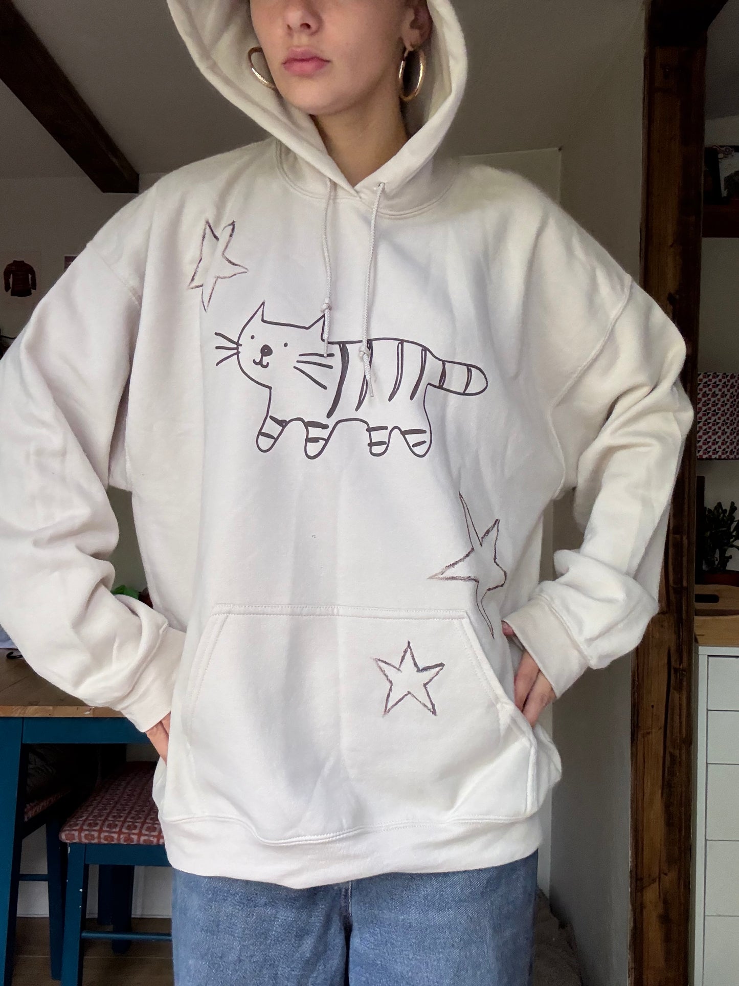 Upcycled brown on beige star tiger hoodie