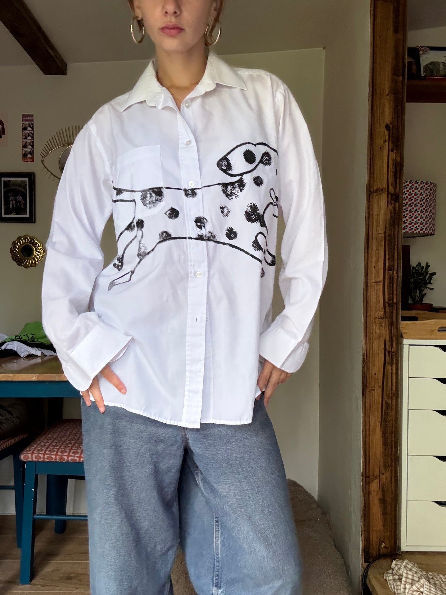 Upcycled Black on white mega Dalmatian button up shirt