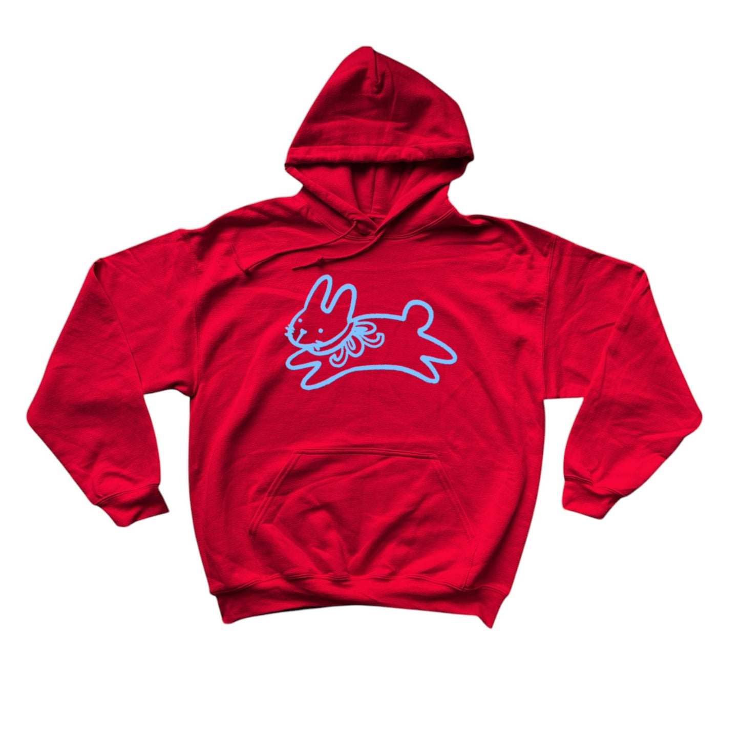 Bow bunny light blue on red hoodie