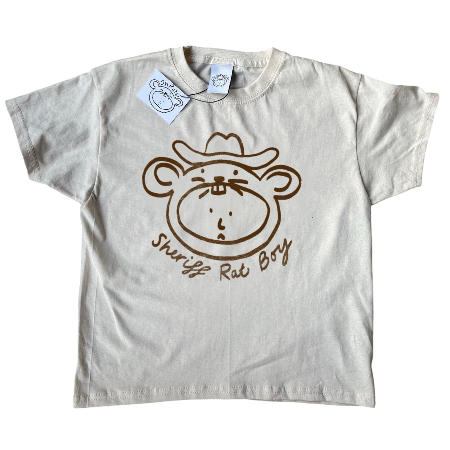 ‘Sheriff Rat Boy' Brown on Beige Baby Tee