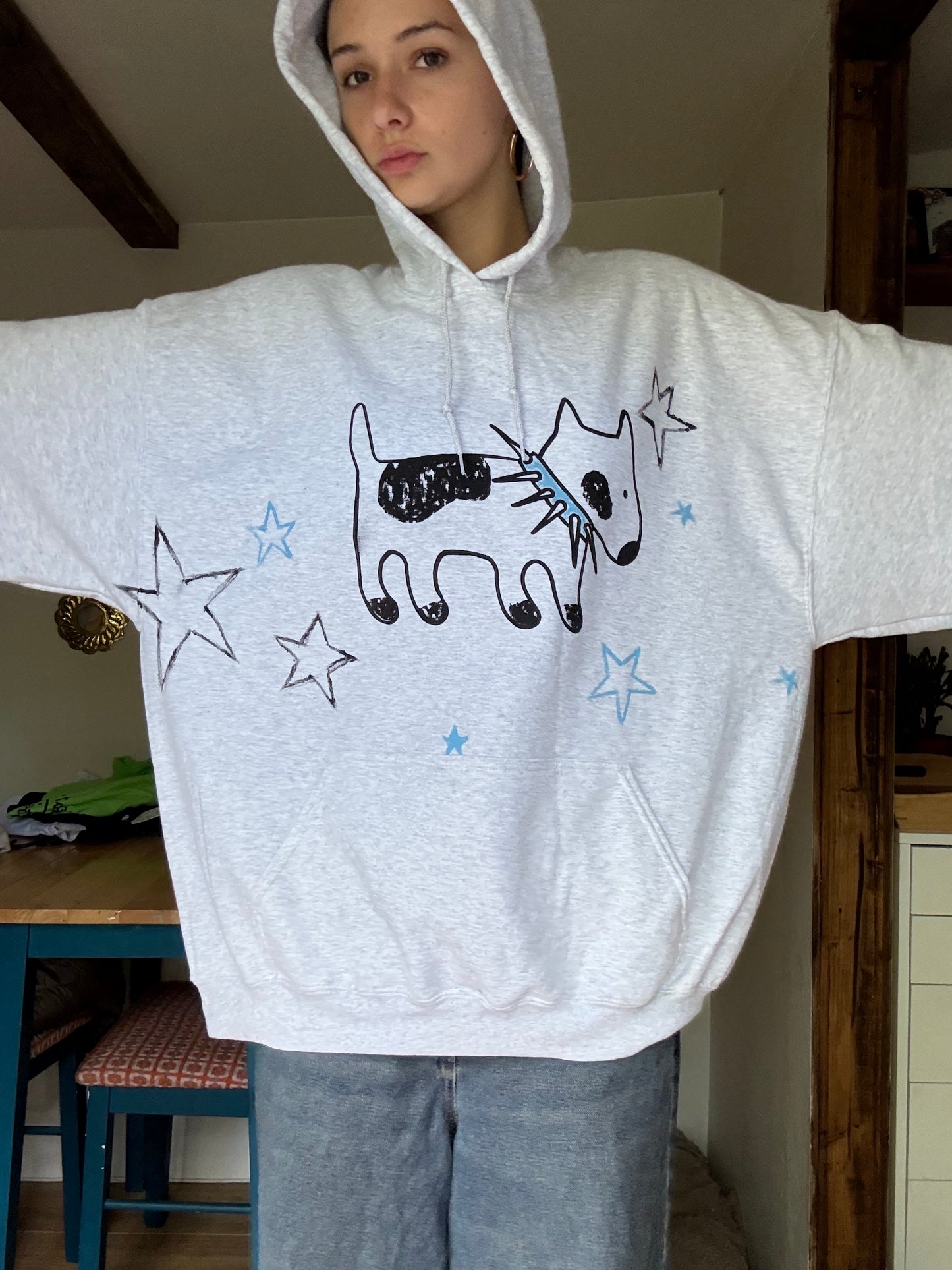 Upcycled black on grey blue spiky collar dog with stars