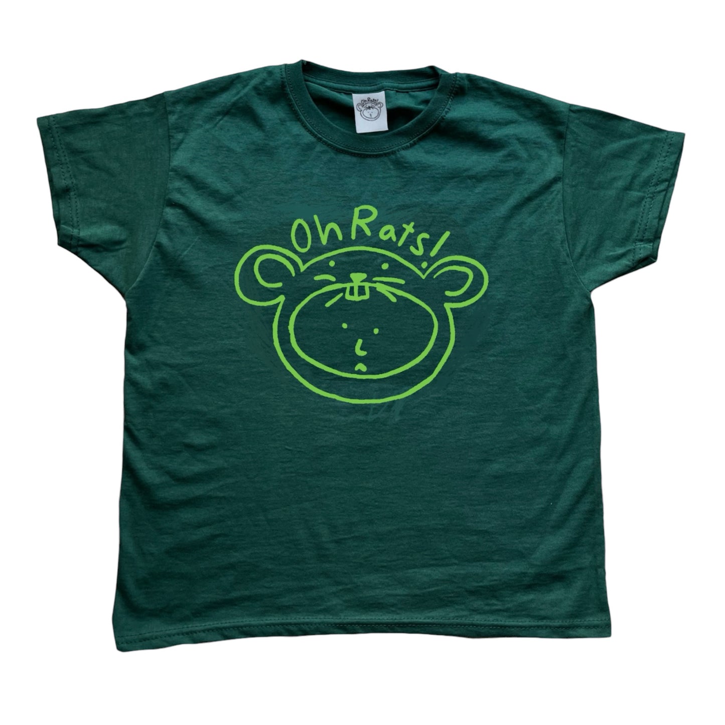 Oh Rats! Logo light green on forest green baby tee