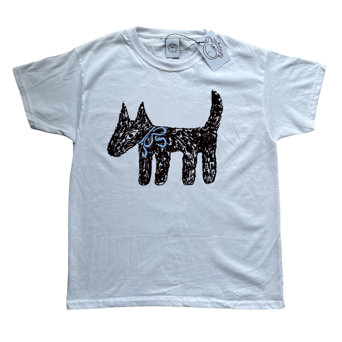 Scruffy dog black on white with blue bow Baby Tee