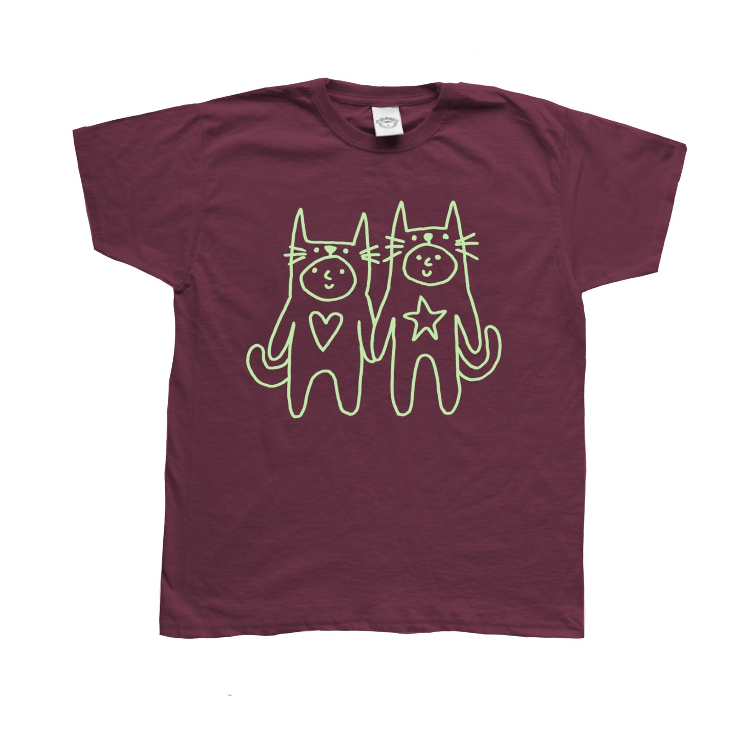 Two critters in love light green on burgundy Tee