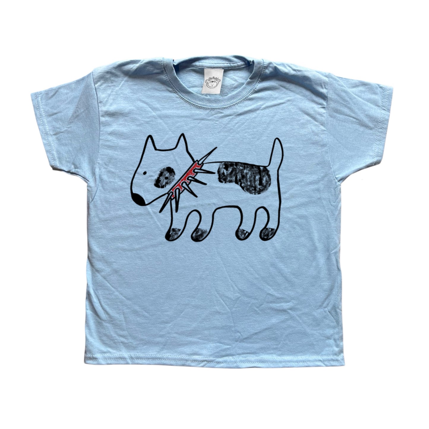 Spiky red collar dog black on baby blue Tee