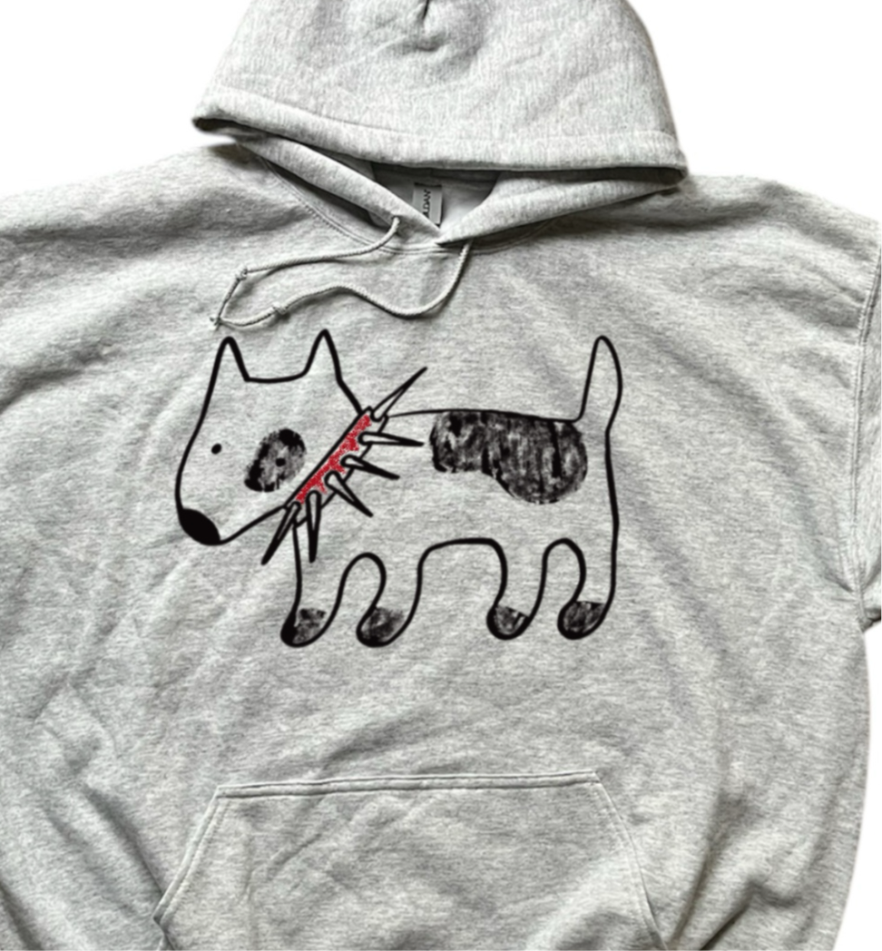 Spiky collar dog black on grey hoodie with red collar