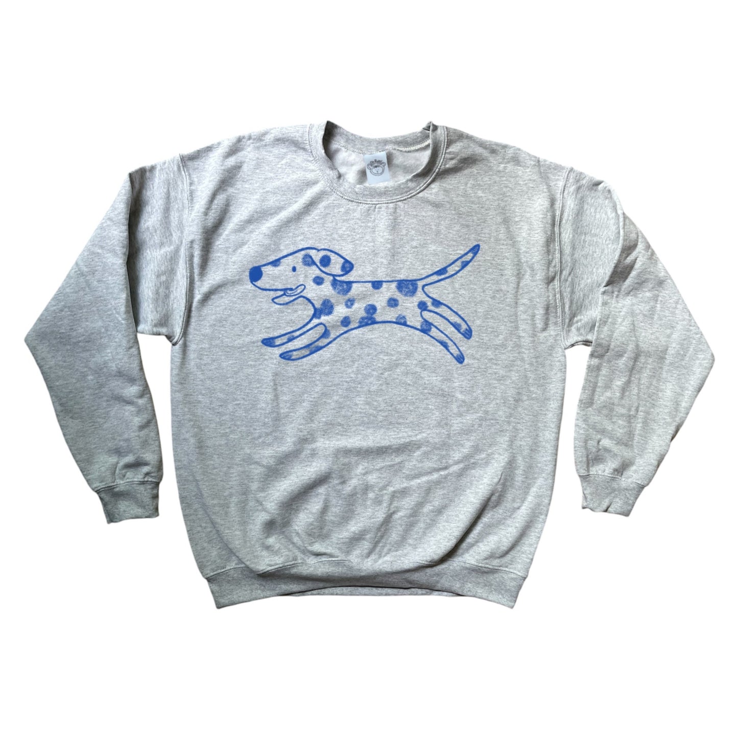 Polka dot dalmatian dog with pink tongue black on grey sweatshirt