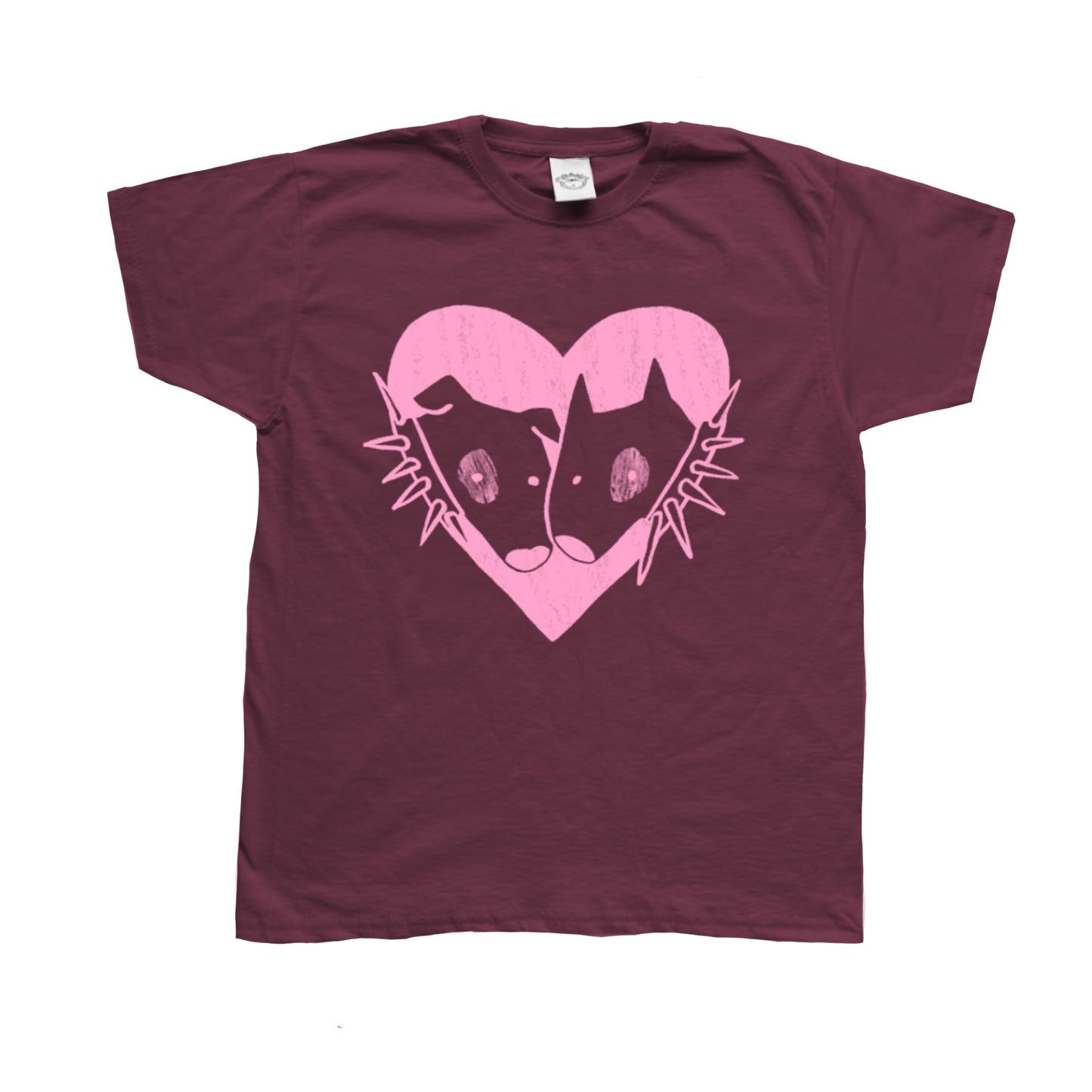 2 dogs in love pink on burgundy Tee