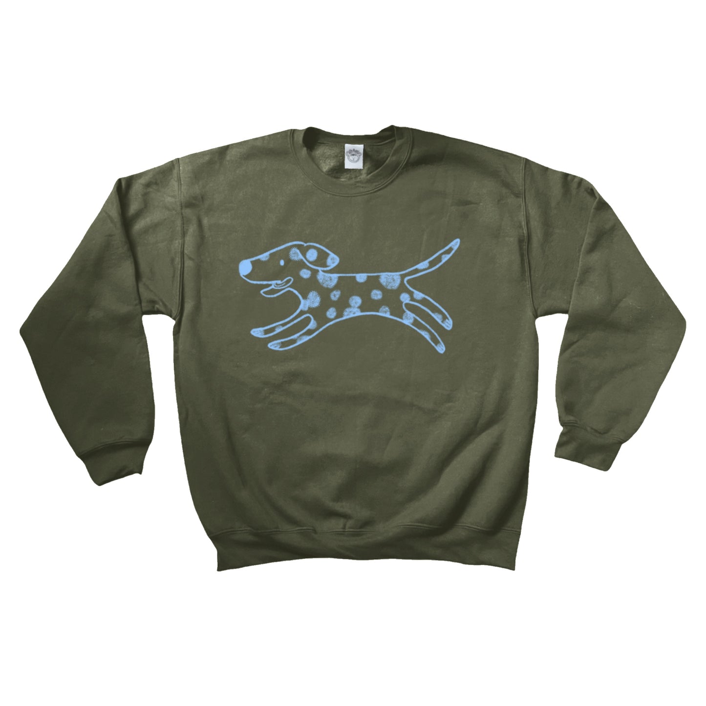 Polka dot dalmatian dog light blue on khaki sweatshirt
