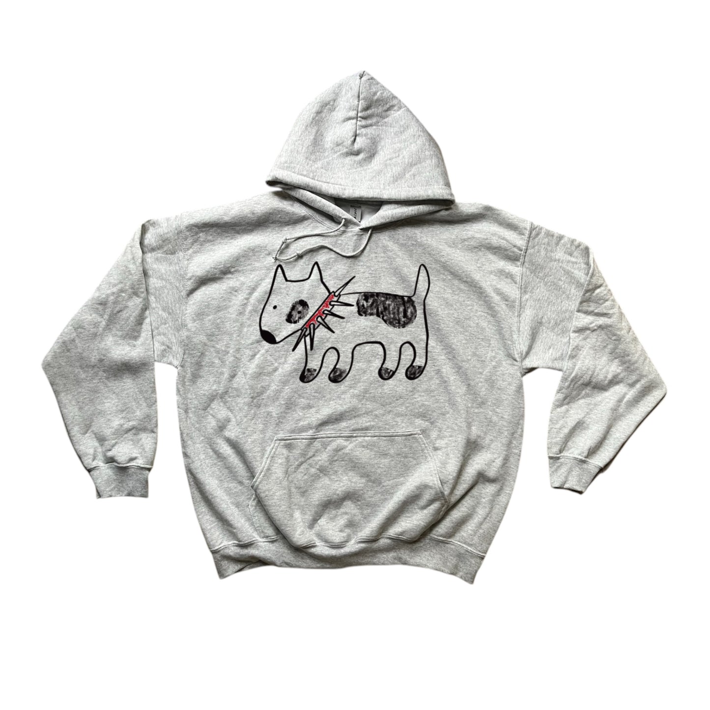 Spiky collar dog black on grey hoodie with red collar