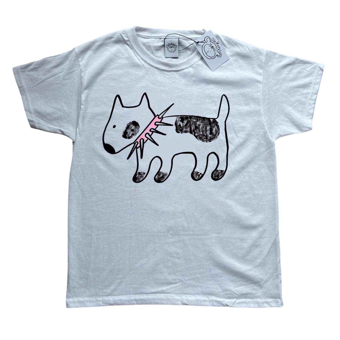 Spiky collar dog black on white Baby Tee with pink collar