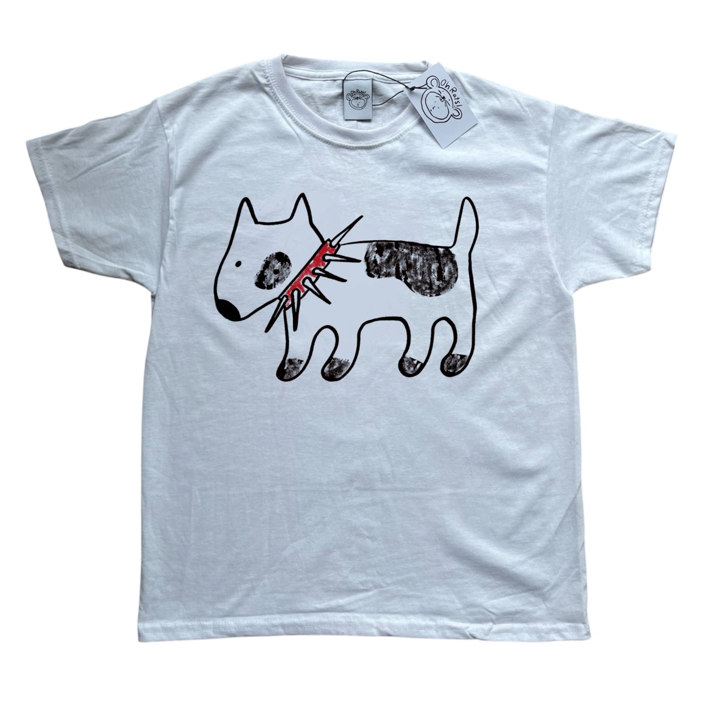 Spiky collar dog black on white BABY TEE STYLE T-shirt with red collar