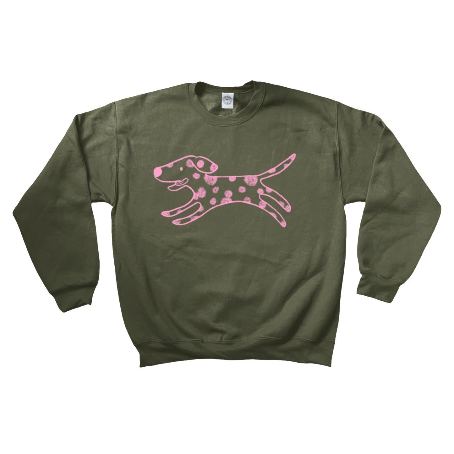 Polka dot dalmatian dog light pink on khaki sweatshirt