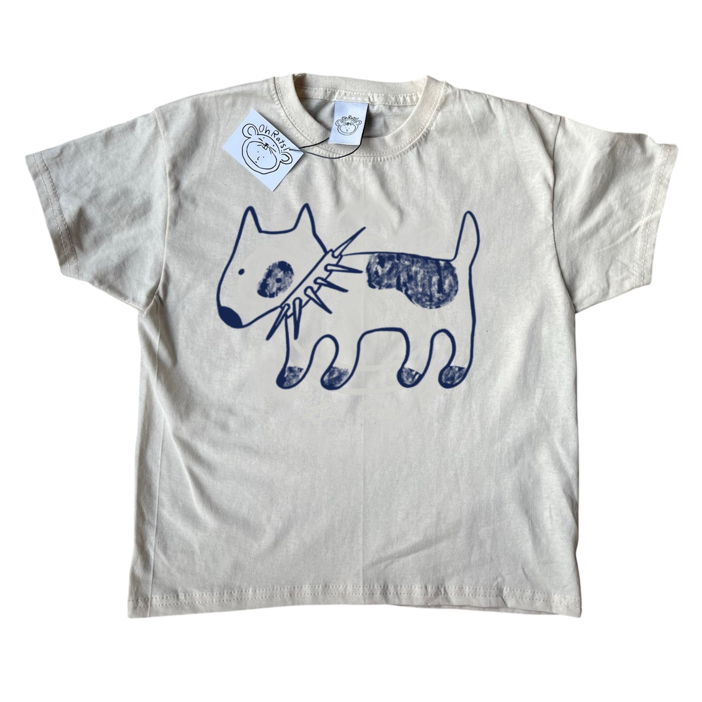 Spiky collar dog navy on beige Tee