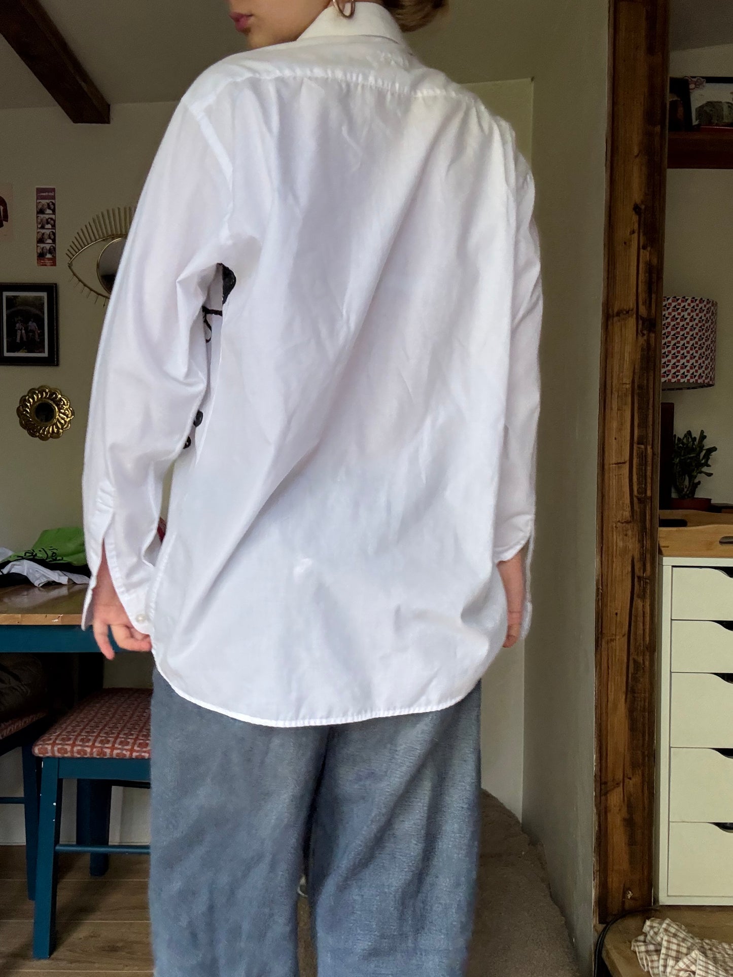 Upcycled Black on white mega Dalmatian button up shirt