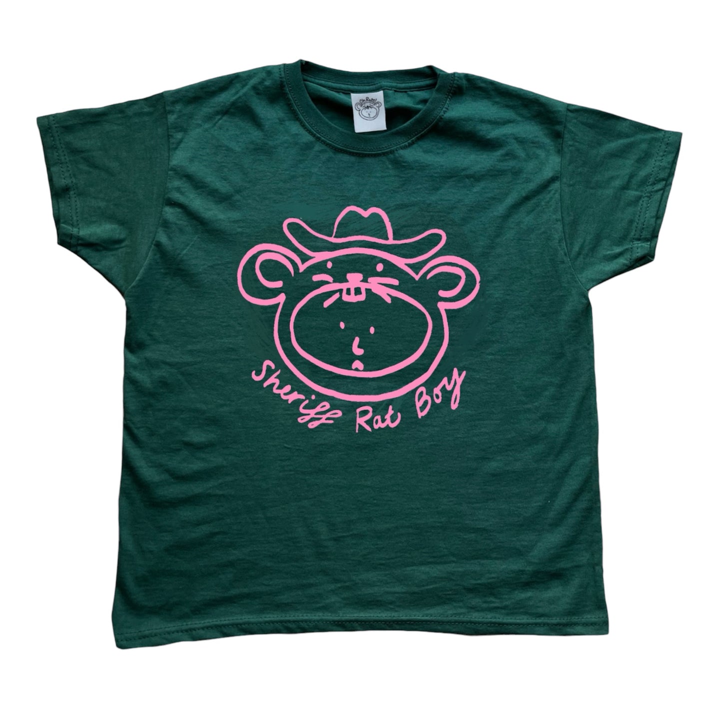 ‘Sheriff Rat Boy' Pink on Forest Green Baby Tee