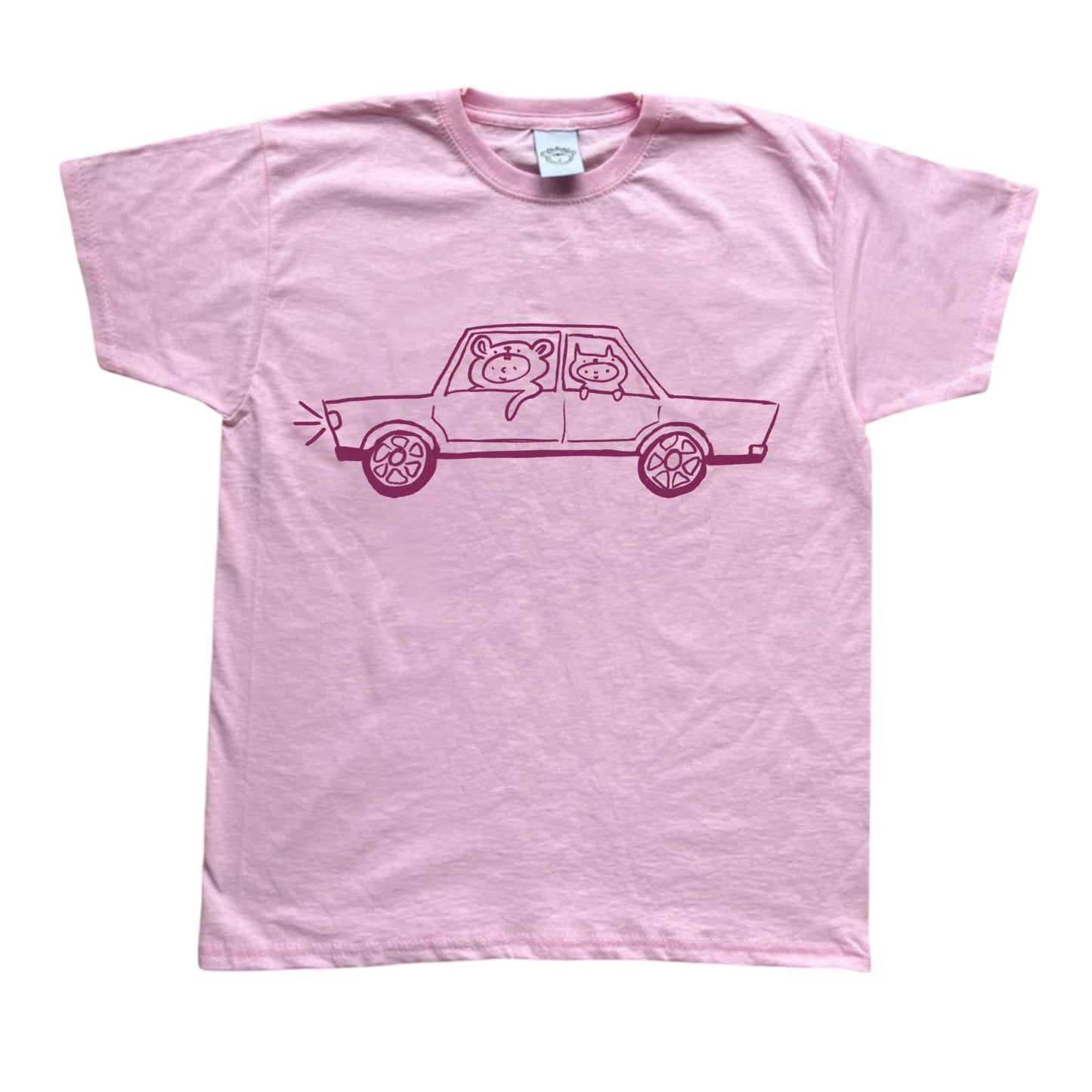 Burgundy on pink critter road trip tee