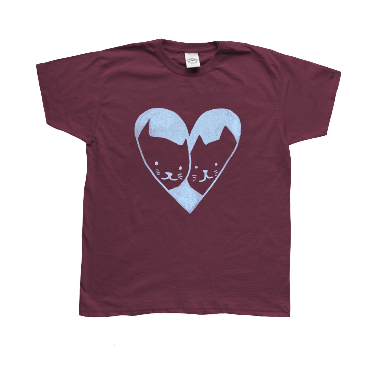 2 Cats in Love light blue on burgundy Tee