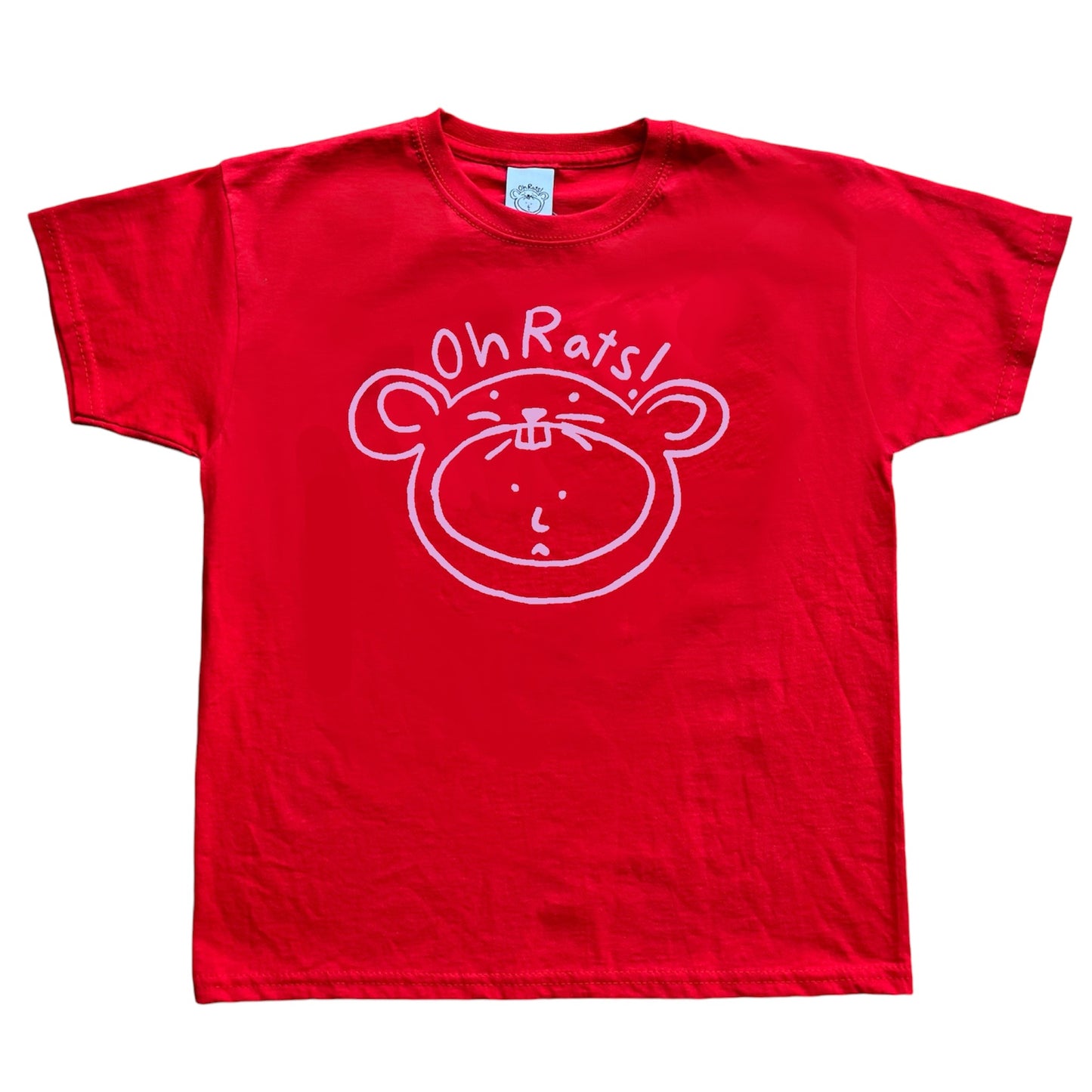 Pink on Red Oh Rats! logo baby tee