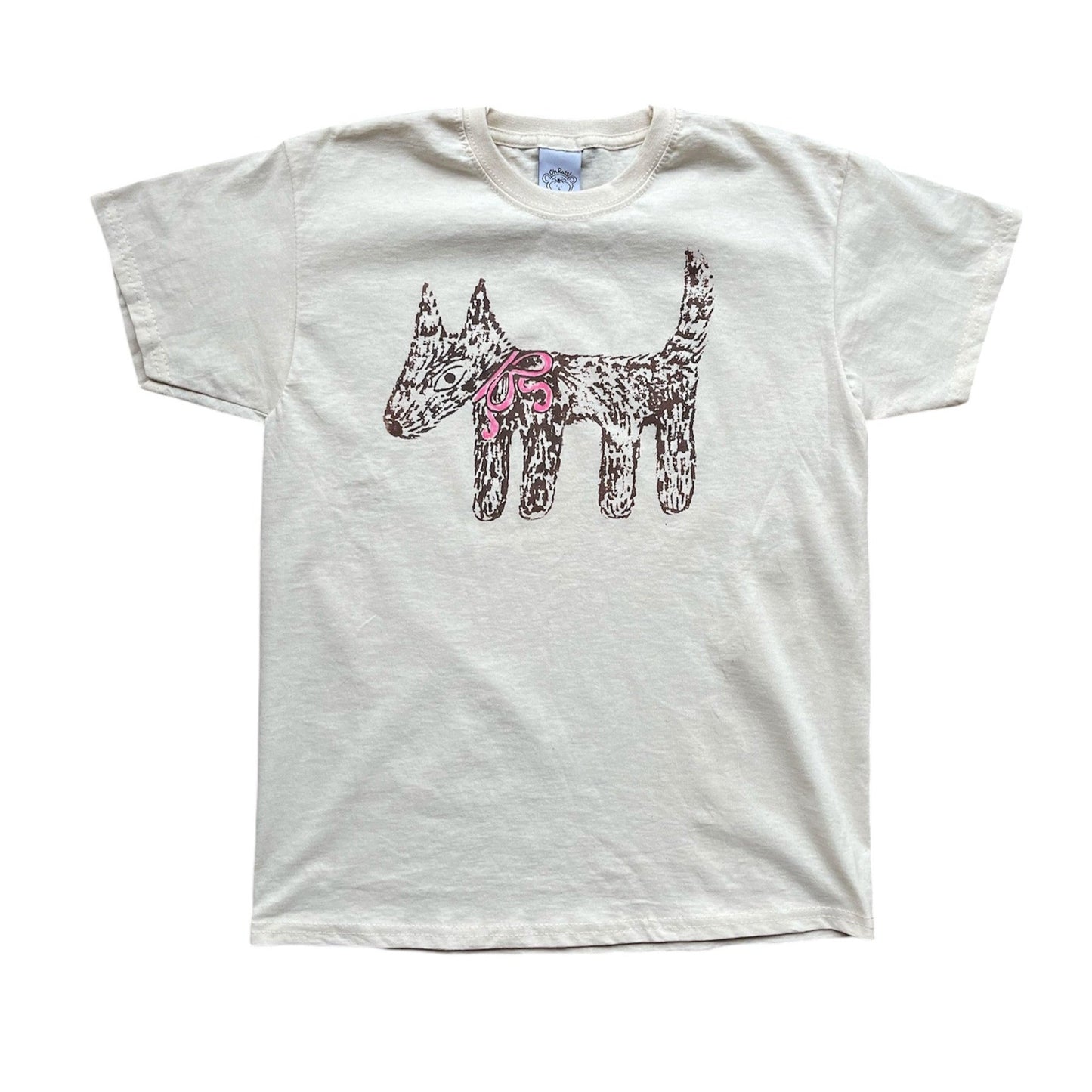 Scruffy dog brown on beige with pink bow Baby Tee