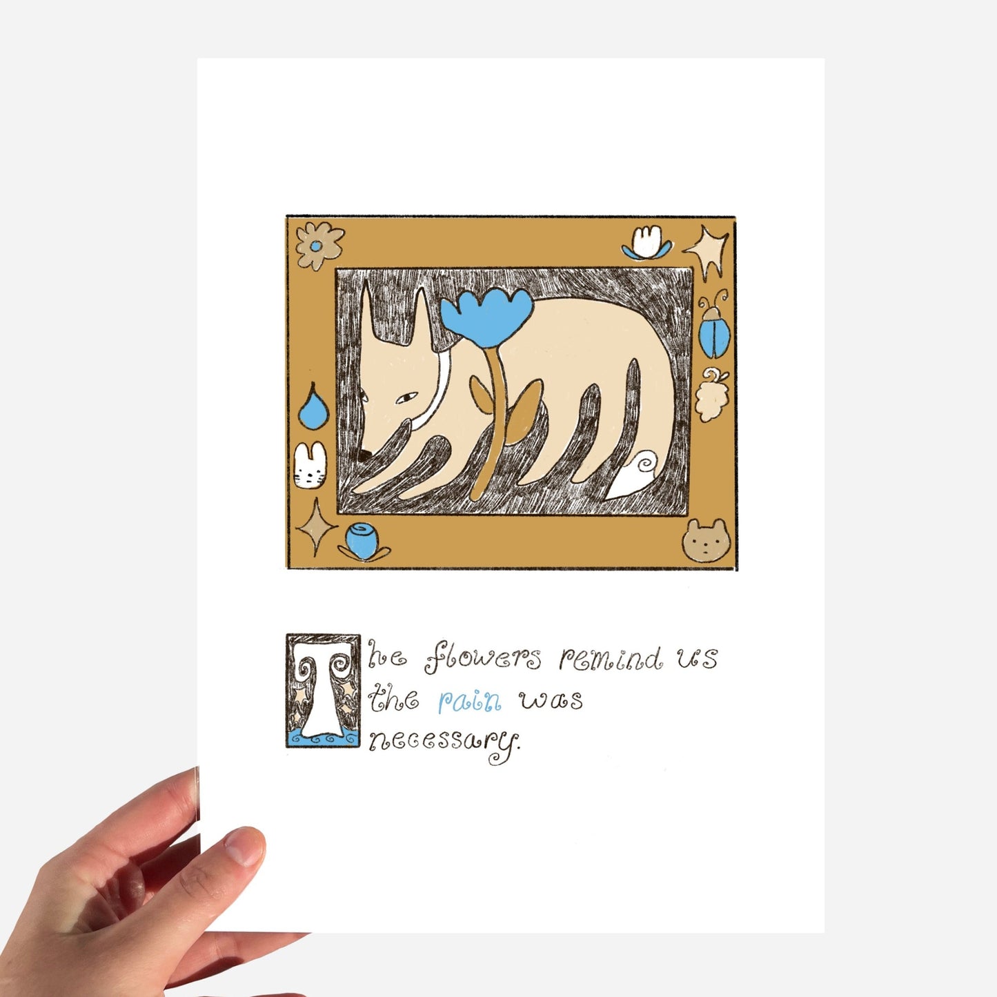 A5 Mustard and Blue 'The flowers remind us the rain was necessary' Fox Print