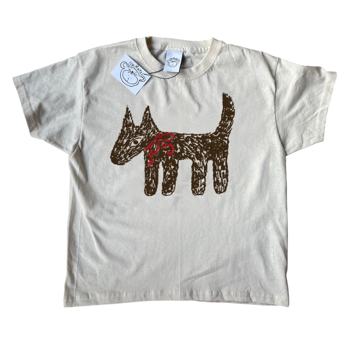 Scruffy bow dog beige tee