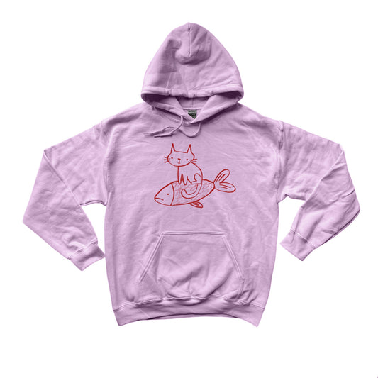 Cat on a fish pink hoodie