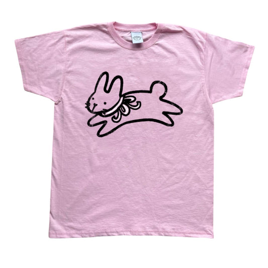 White bow bunny black on pink Tee