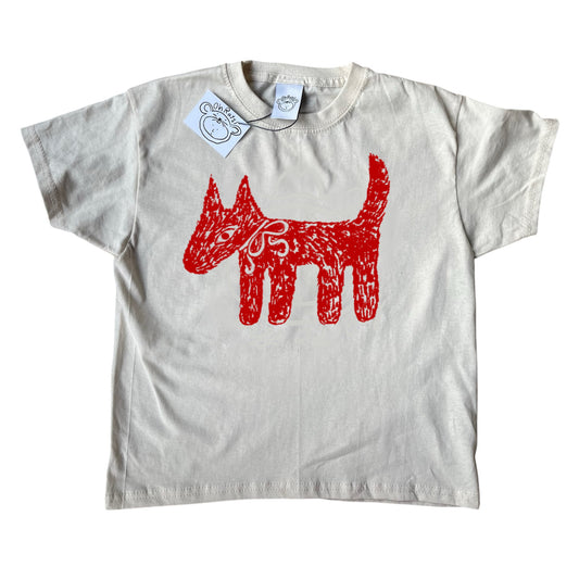Scruffy bow dog red on beige tee