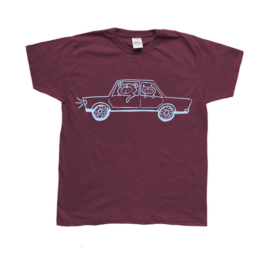 Light blue on burgundy critter road trip tee
