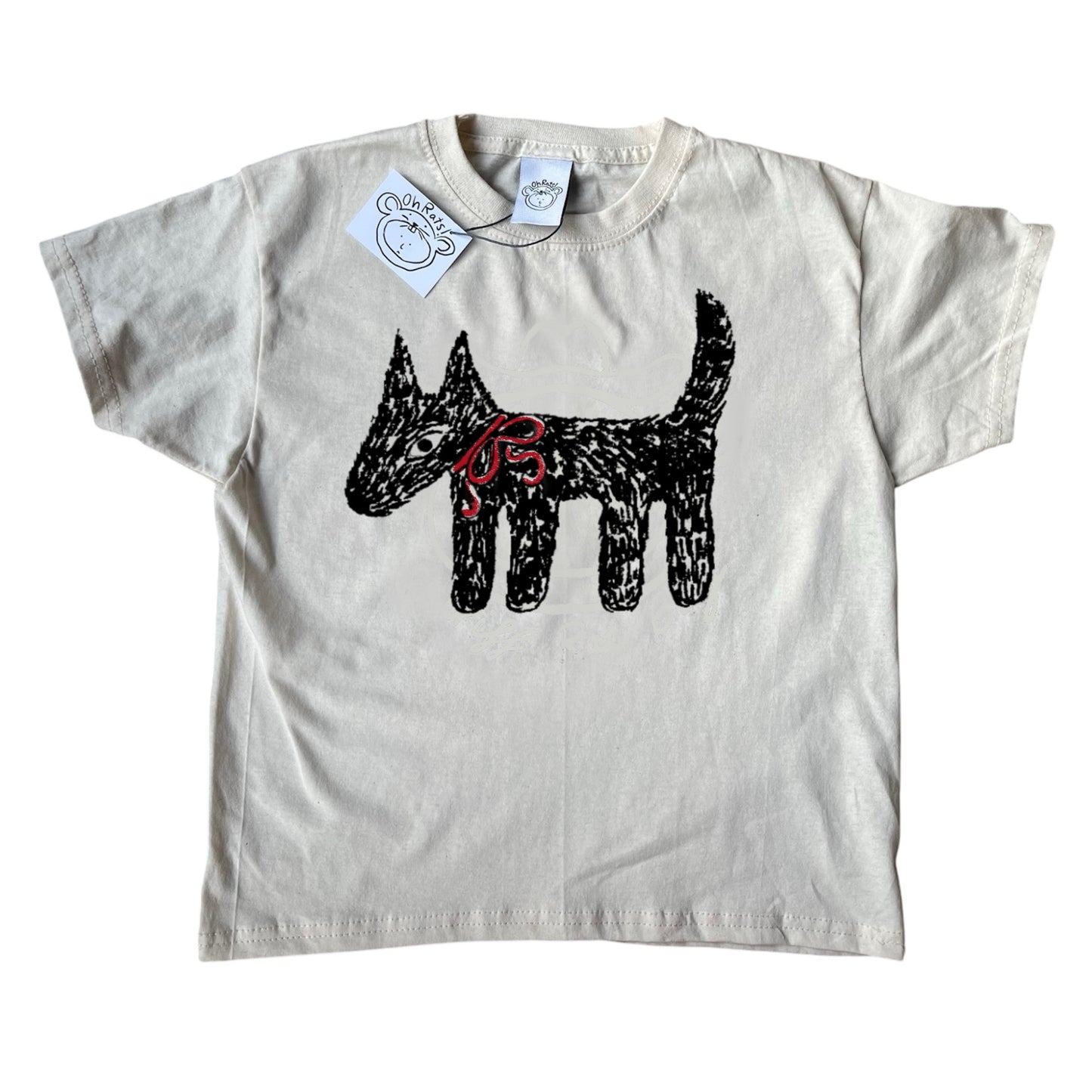 Scruffy bow dog beige tee