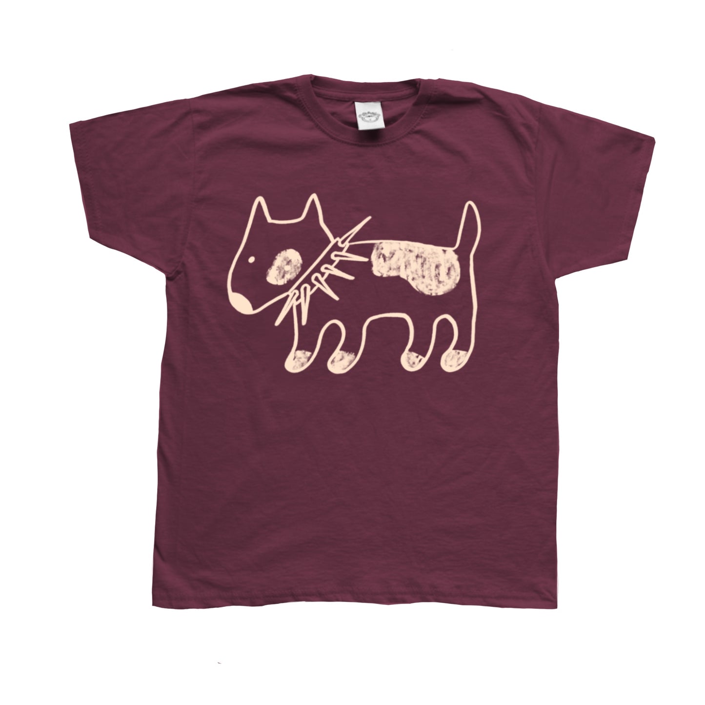 Spiky collar dog on burgundy tee