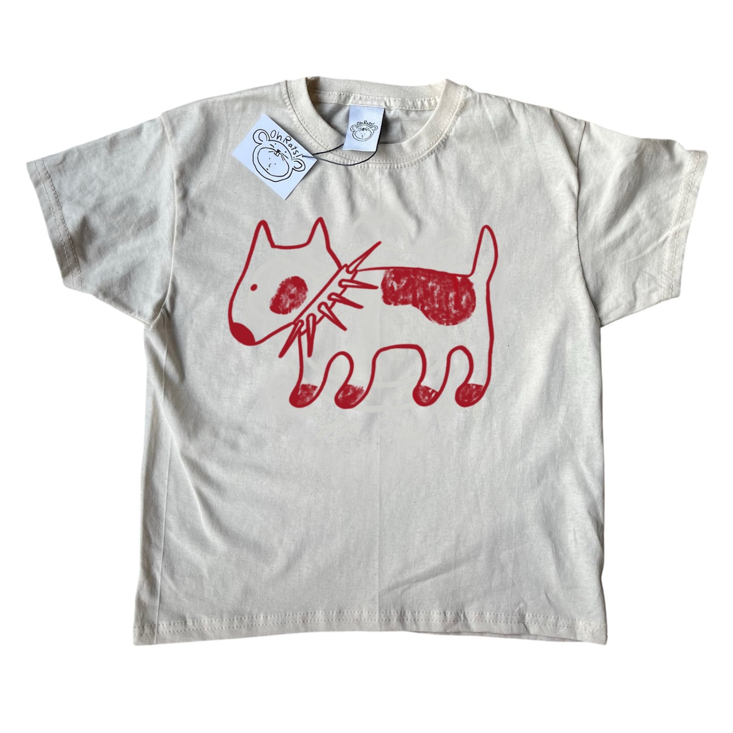 Spiky collar red dog on beige tee