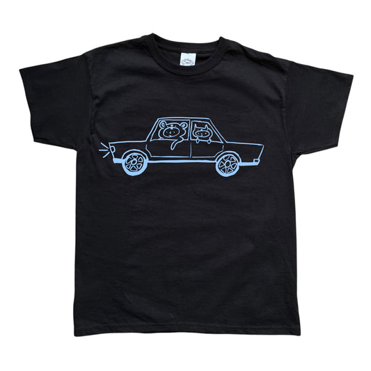 Light blue on black critter road trip tee