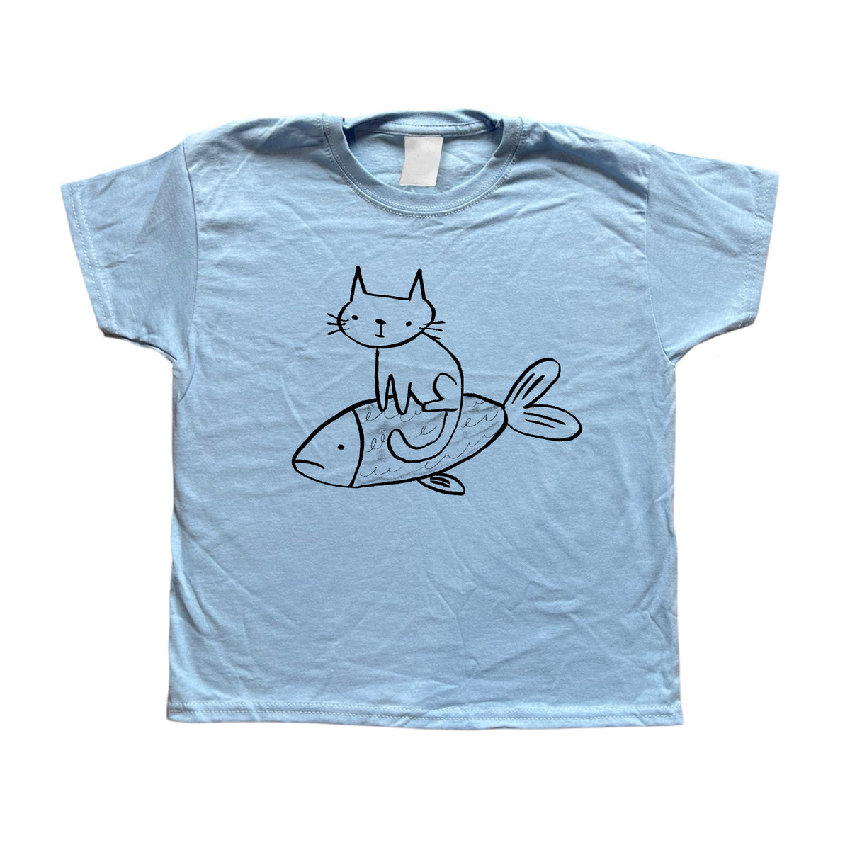 Cat on a fish light blue baby tee