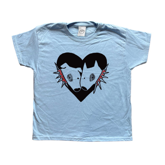 2 dogs in love with red collars black on baby blue Tee