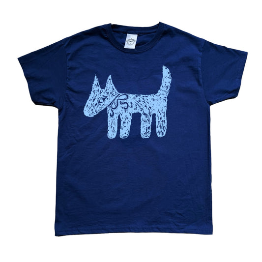 Scruffy bow dog light blue on navy tee