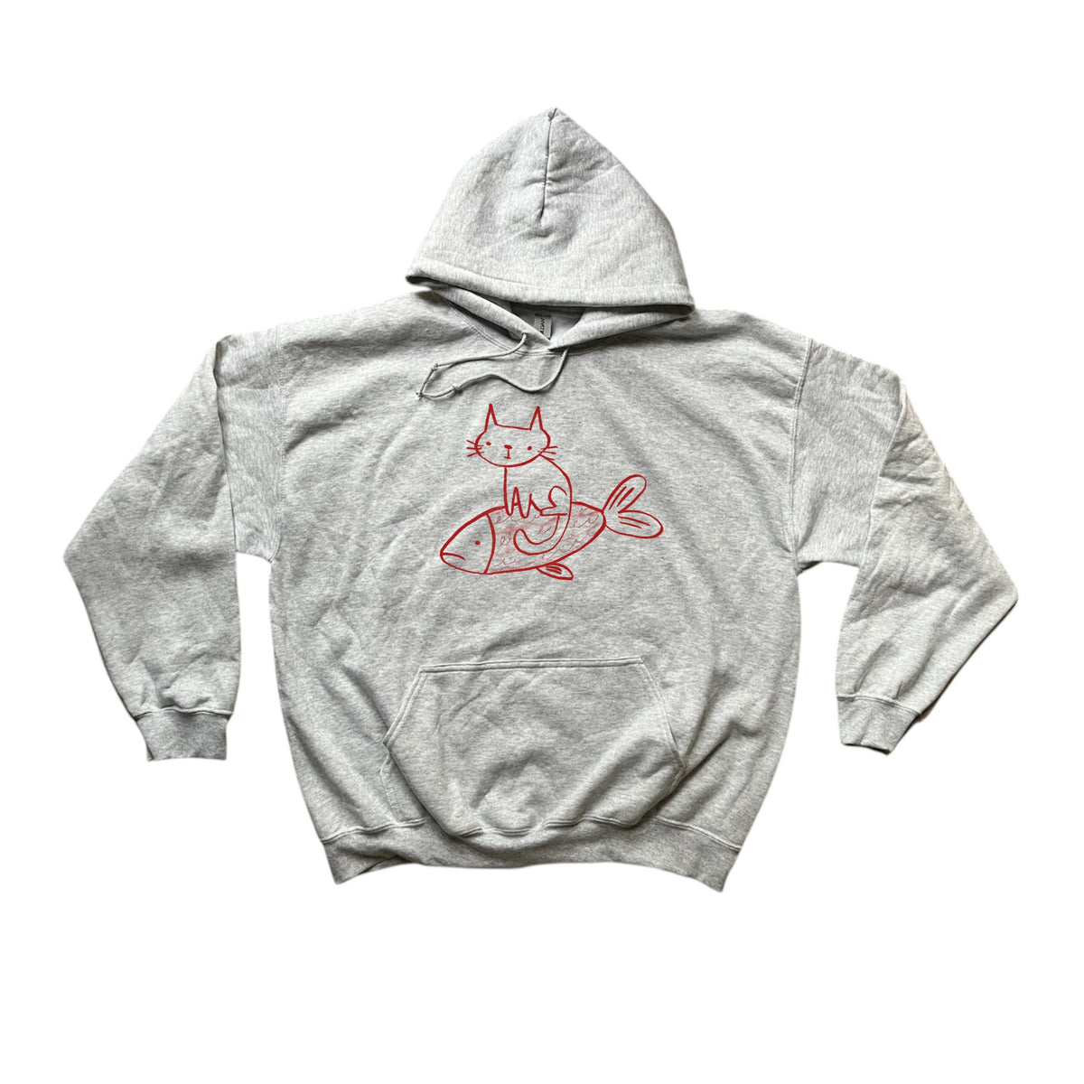 Cat on a fish grey hoodie