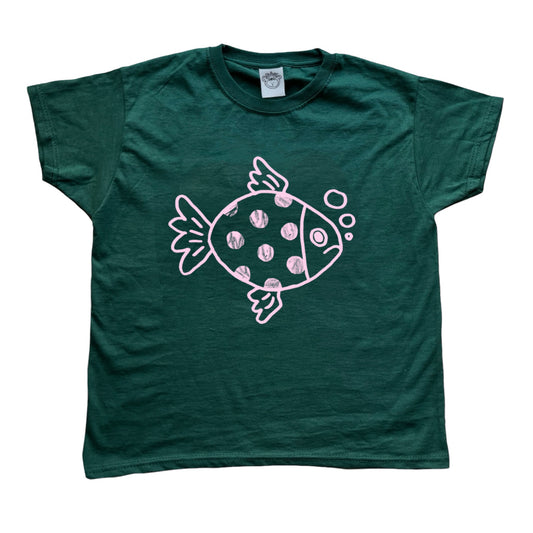 Polka dot fishy pink on forest green Tee