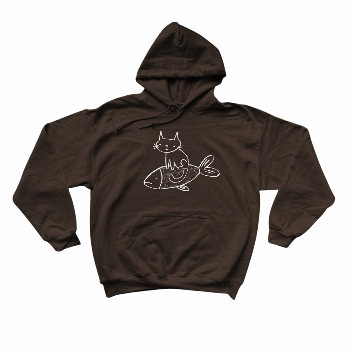 Cat on a fish brown hoodie